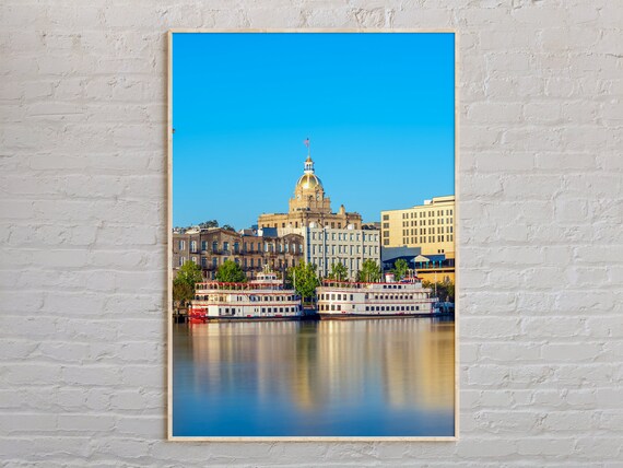 Savannah Georgia Riverfront Skyline With Riverboats Photo Poster