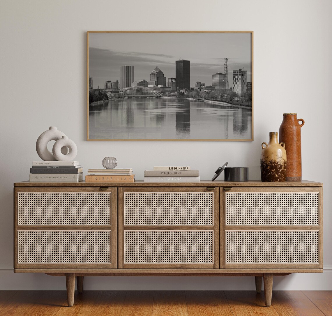 Rochester Skyline Arch Bridge River Black and White City Poster - Image 4