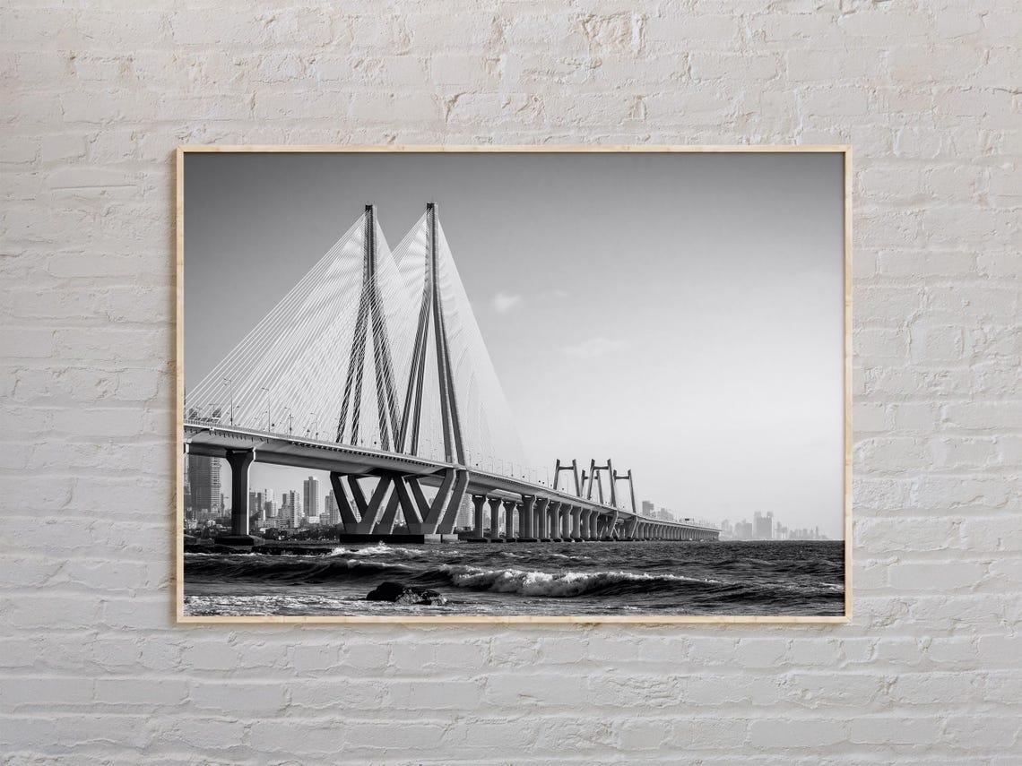 Mumbai Bandra Worli Sea Link Black and White Bridge Skyline Poster