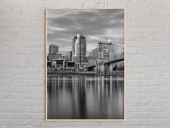 Black And White Cincinnati Ohio Roebling Bridge River Skyline Poster