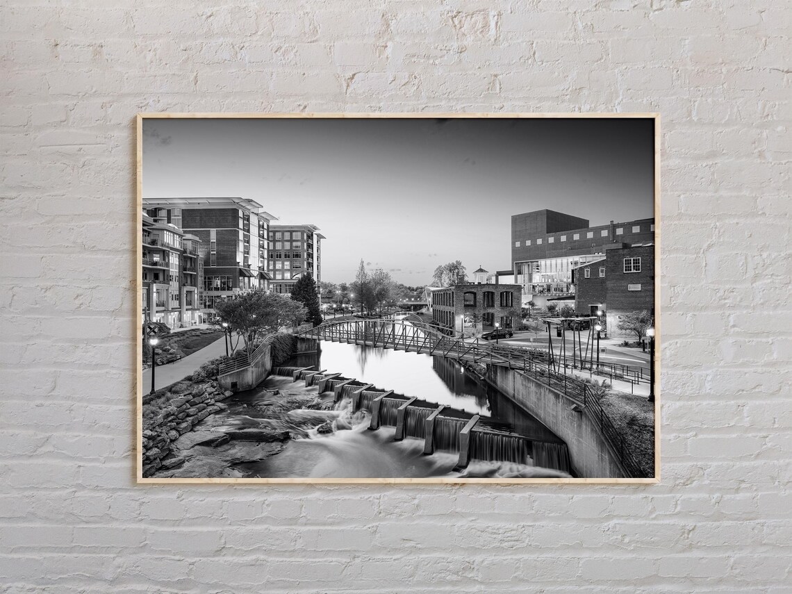 Greenville River Falls Footbridge Downtown Black and White Poster