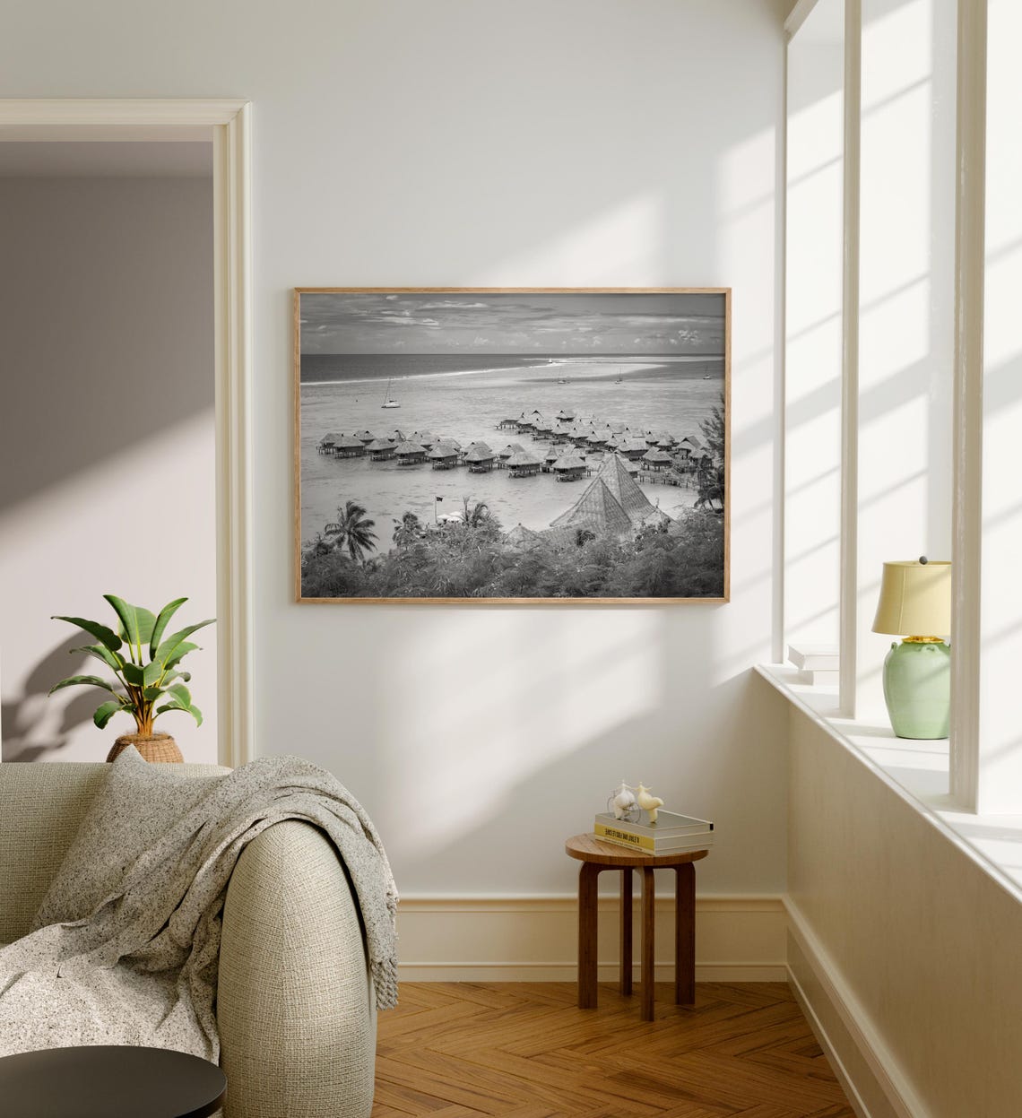 French Polynesia Overwater Bungalows Lagoon Black and White Poster - Image 5