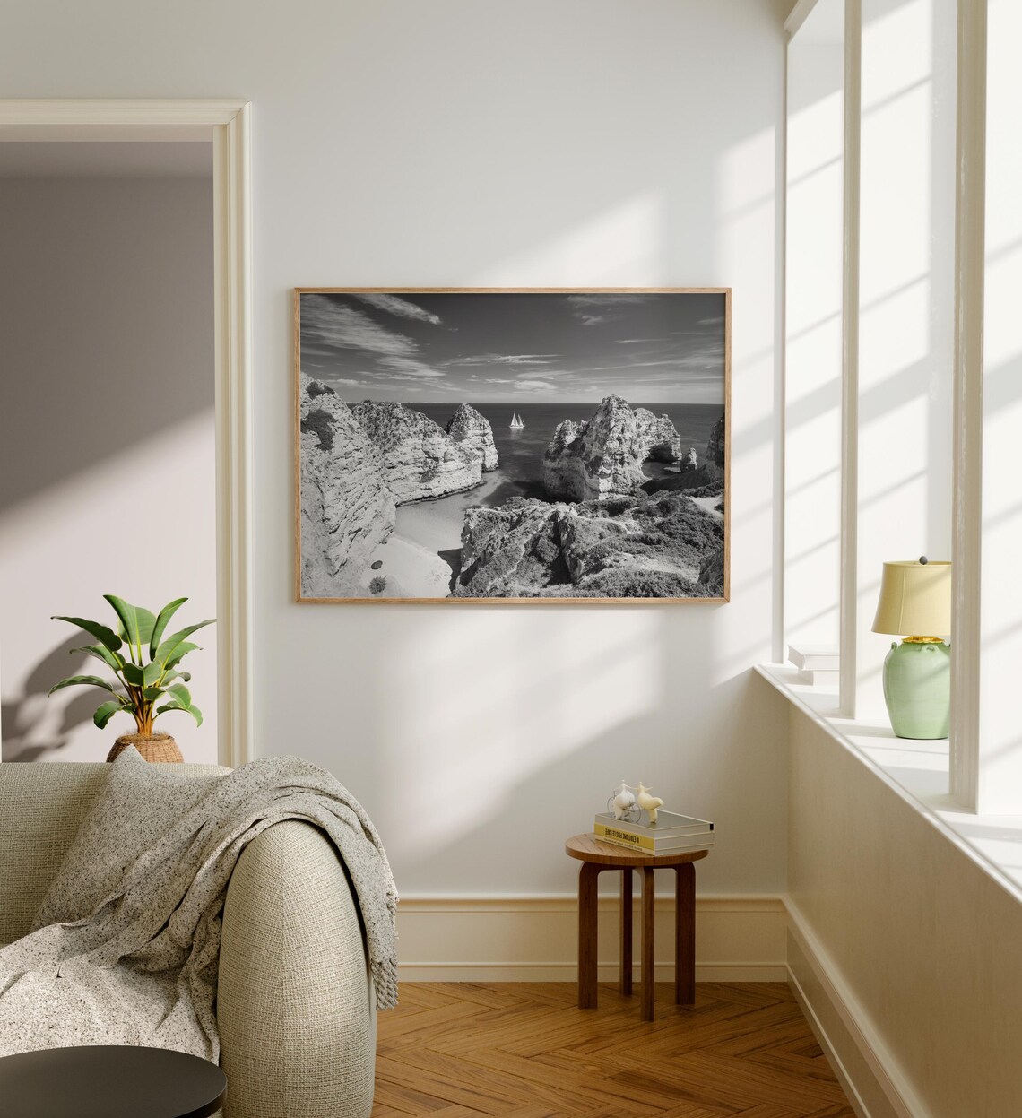 Portugal Algarve Sea Cliffs Sailboat Black White Landscape Poster - Image 5