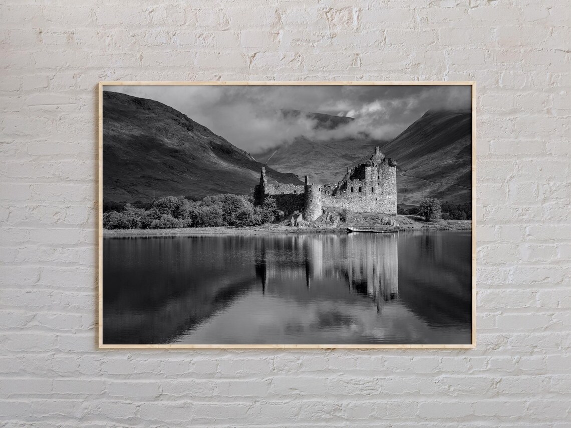 Scotland Castle Ruin Black and White Loch Landscape Photo Print