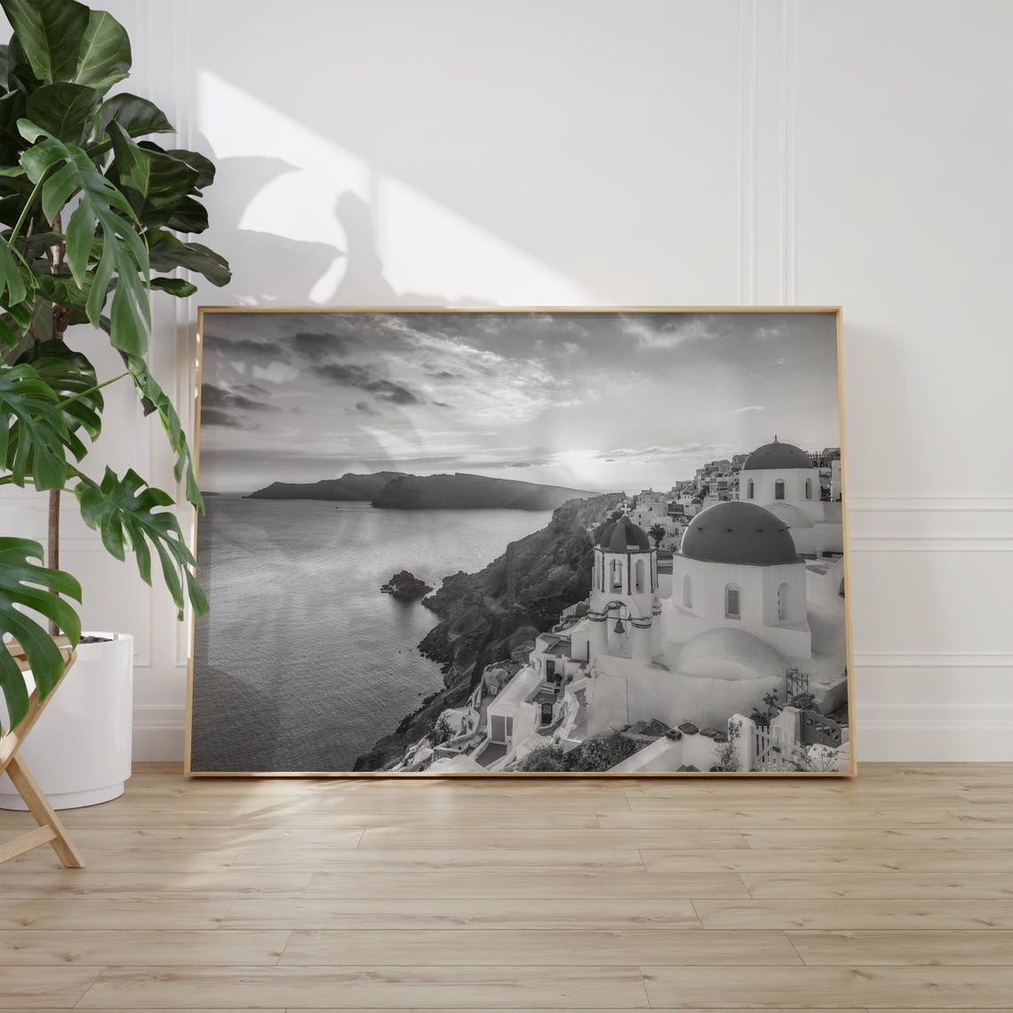 Santorini Domed Churches Over Caldera Sunset Black and White Poster - Image 2