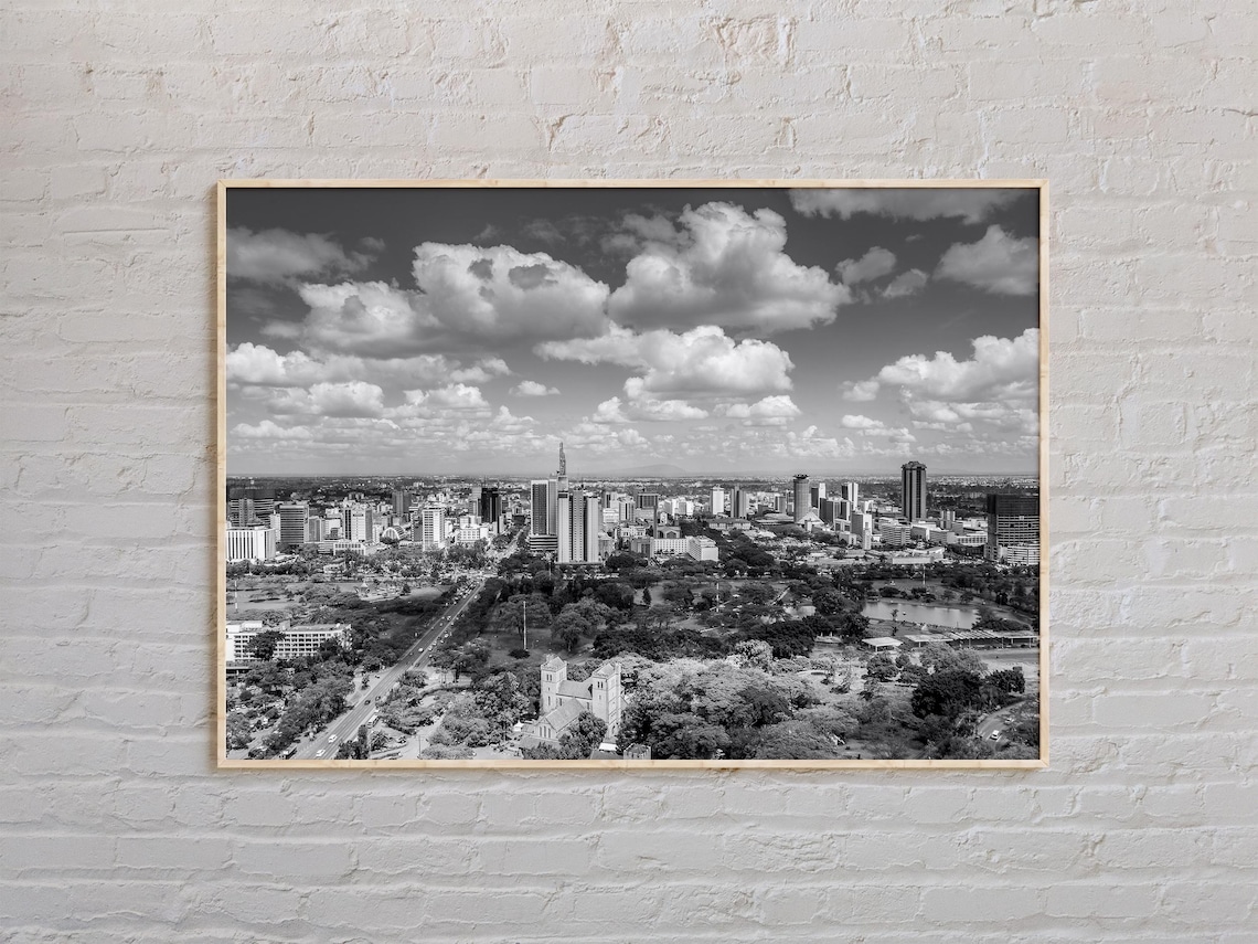 Nairobi Kenya Skyline Black and White Dramatic Clouds City Poster