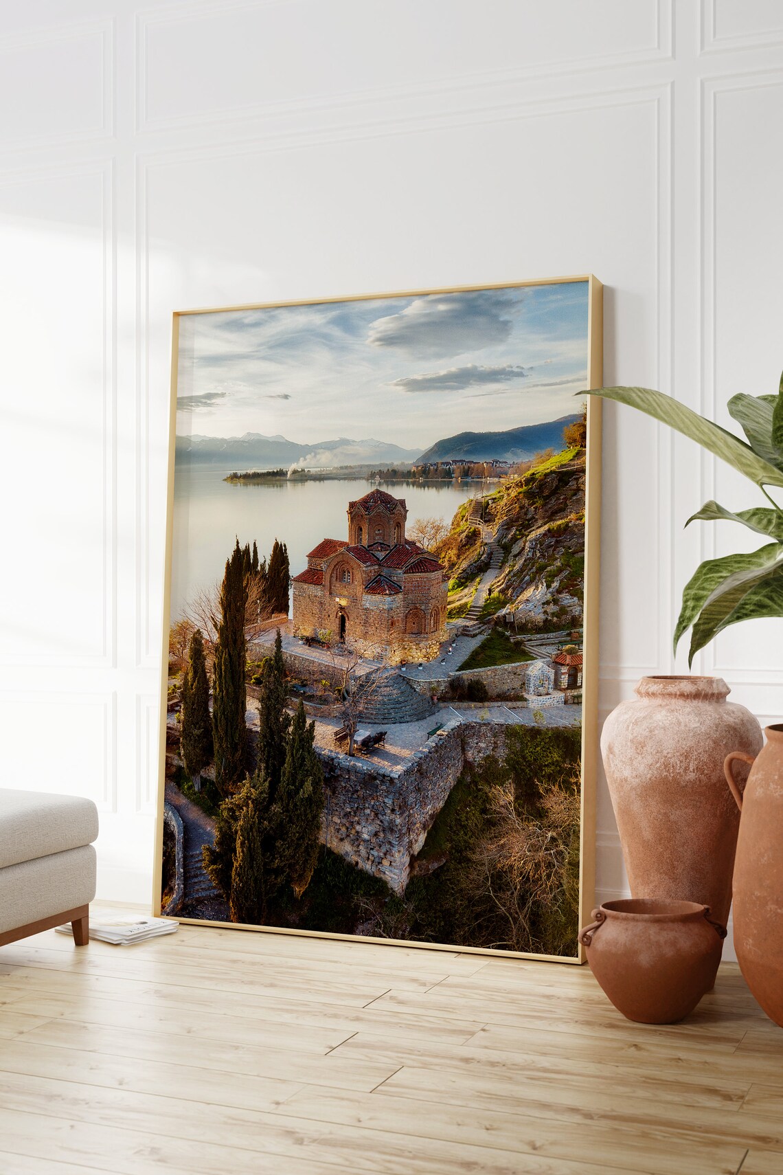 Lakeside Stone Church Cliff Sunrise Serene Lake Travel Photo Poster - Image 2