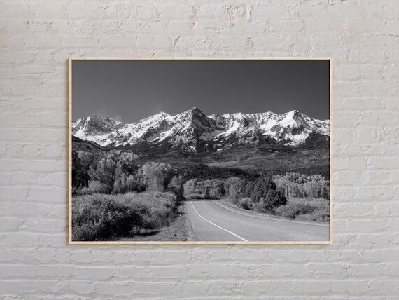 Rocky Mountains Snow Capped Peaks Road Black White Photo Poster