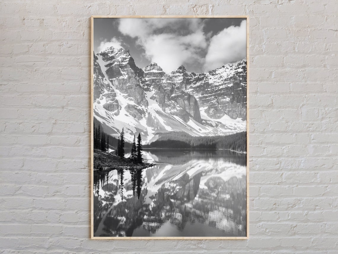 Banff Moraine Lake Snowy Peaks Black And White Photography Poster