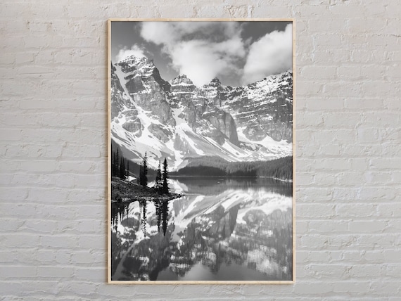 Banff Moraine Lake Snowy Peaks Black And White Photography Poster