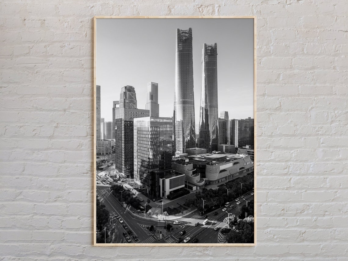 Twin Tower Skyline Black and White Modern City Downtown Poster