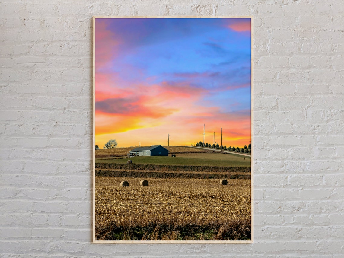 Iowa Farm Sunset Golden Sky Barn Field Hay Bales Scenic Poster