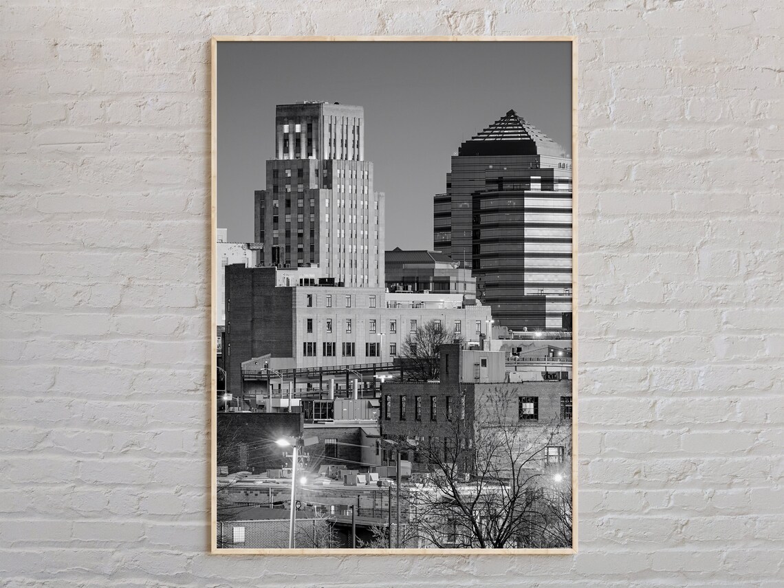 Downtown Durham North Carolina Skyline Black White Photo Travel Poster