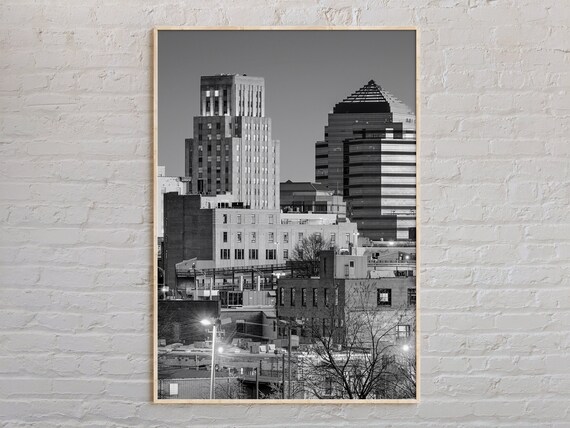 Downtown Durham North Carolina Skyline Black White Photo Travel Poster