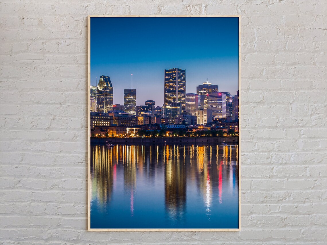 Montreal Skyline Night Water Reflections Cityscape Photo Travel Poster