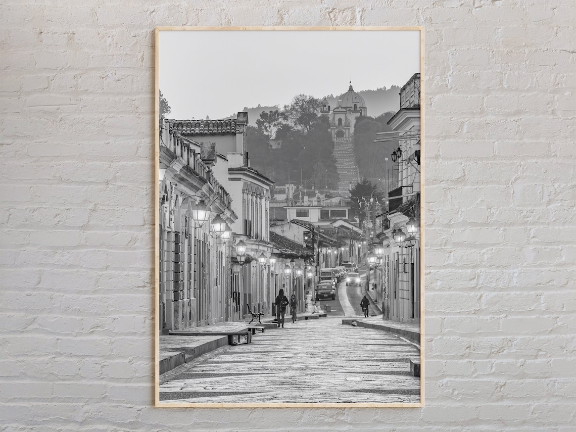 Mexico Colonial Street Cathedral Hill Black White Photo Poster