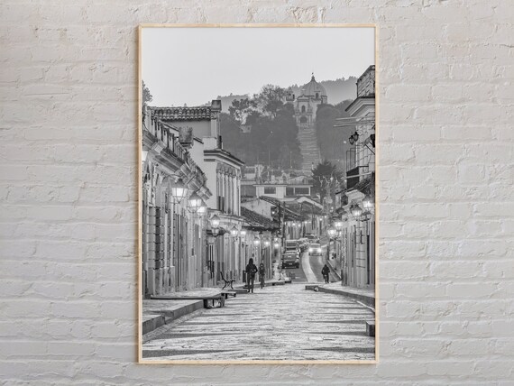 Mexico Colonial Street Cathedral Hill Black White Photo Poster