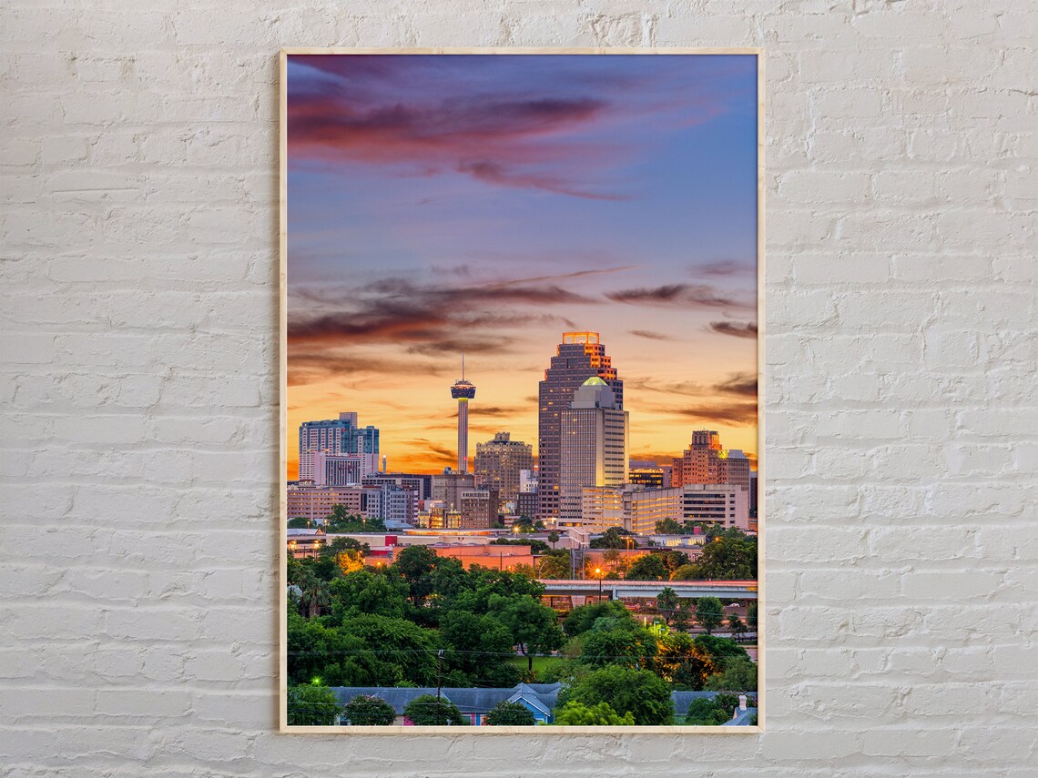 San Antonio Skyline at Sunset with Tower of the Americas Poster