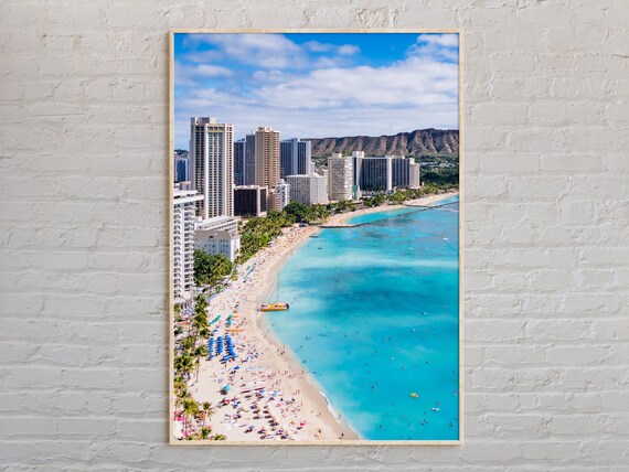 Waikiki Beach Aerial View with Diamond Head Hawaii Travel Poster