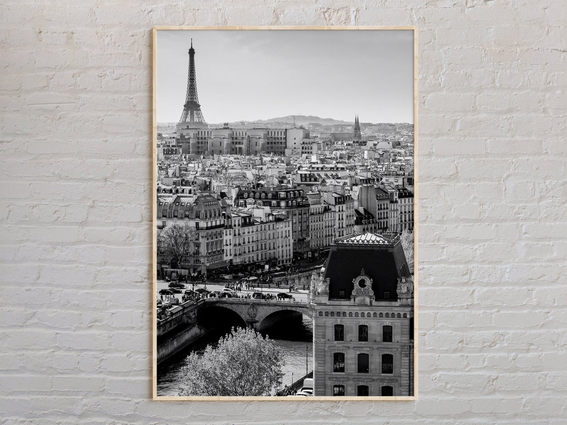 Paris Eiffel Tower Black White Rooftops Seine Bridge View Poster
