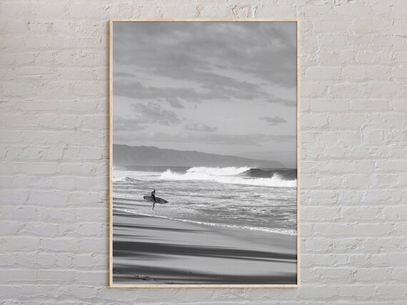 Hawaii Surfer Beach Black and White Photography Ocean Waves Poster