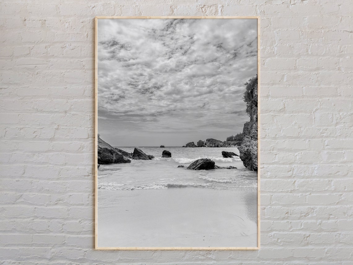 Bermuda Rocky Shoreline Waves Black White Beach Photo Poster