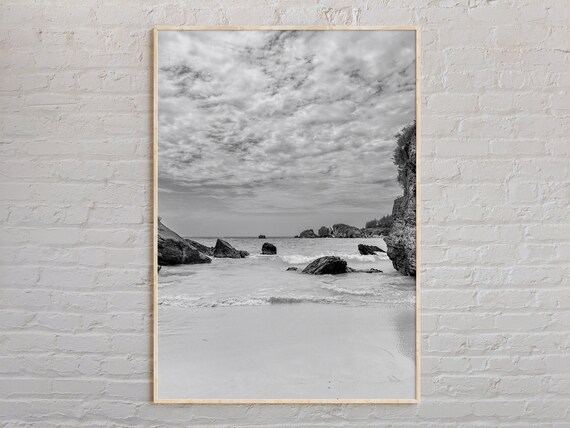 Bermuda Rocky Shoreline Waves Black White Beach Photo Poster