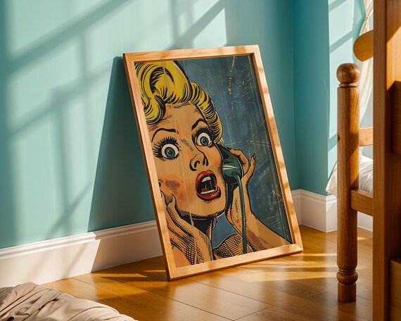 Pop Art Woman On Phone Shocked Expression Vintage Comic Style Halftone Retro Grunge Mid Century Modern Home Office Bedroom