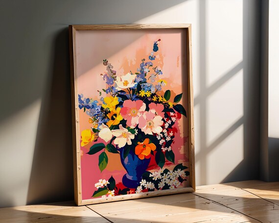 Bright Modern Pop Art Bouquet Of Flowers In Blue Vase Colourful Contemporary Floral Wall Print Bold Statement For Living Room
