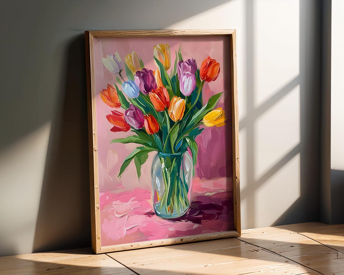 Colorful Tulip Bouquet Oil Painting Pink Glass Vase Wall Poster
