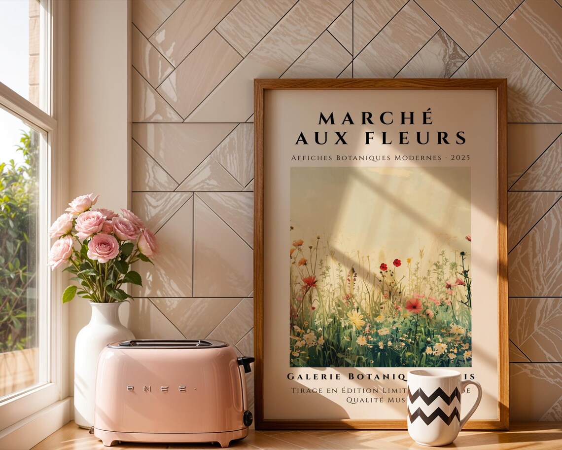 Marche aux Fleurs Red Poppy Meadow French Botanical Art Poster