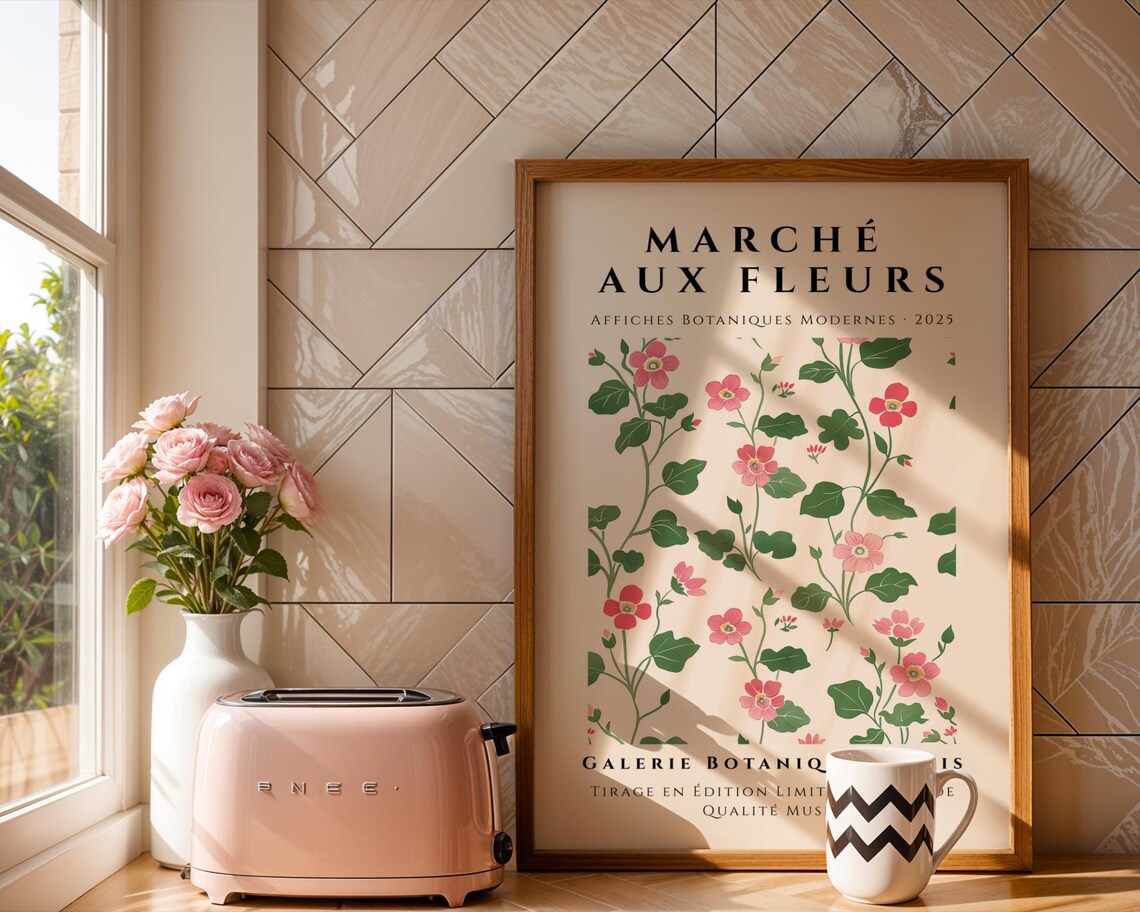 Marché Aux Fleurs Pink Wildflower Vine French Botanical Art Poster