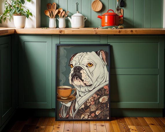 Bulldog Wall Art Japanese Kimono Dog Print Funny Poster Vintage Pet Decor Tea Lover Gift Oriental Japan