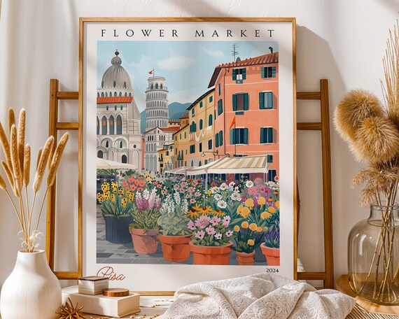 Pisa Flower Market Leaning Tower Italian Cityscape Travel Poster