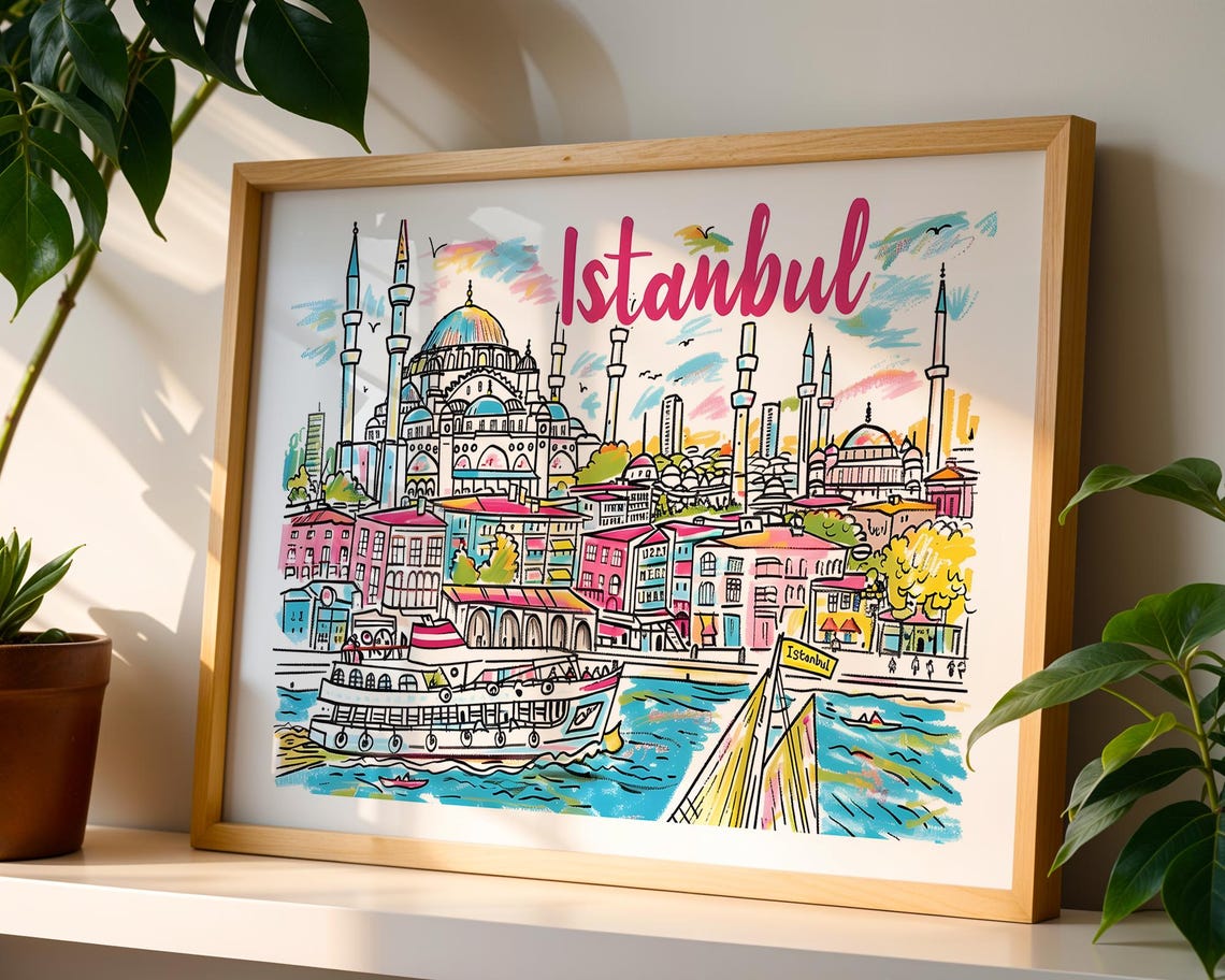 Istanbul Turkey Colourful Illustrated Hagia Sophia Bosphorus Poster