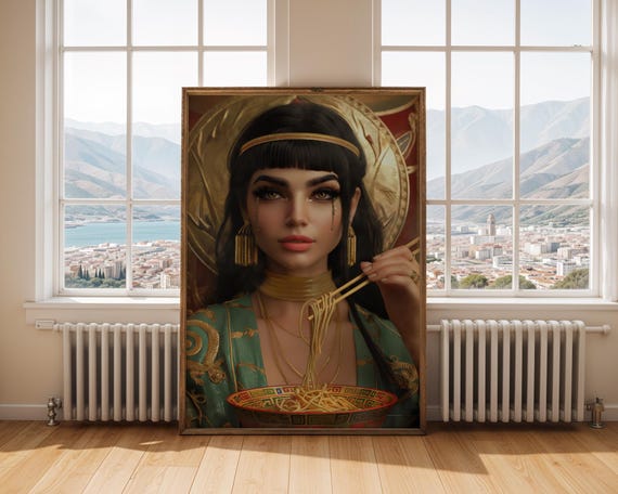 Cleopatra Ramen Art Print Funny Gift For Queens Glam Noodle Wall Egyptianinspired Kimono Portrait Pop Culture Humour Decor