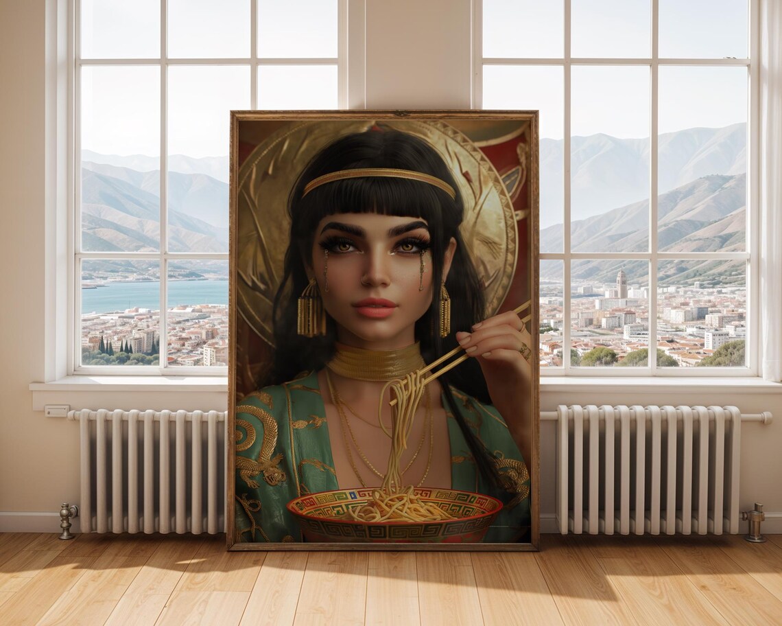 Cleopatra Ramen Bowl Portrait Gold Trim Kimono Funny Pop Art Poster