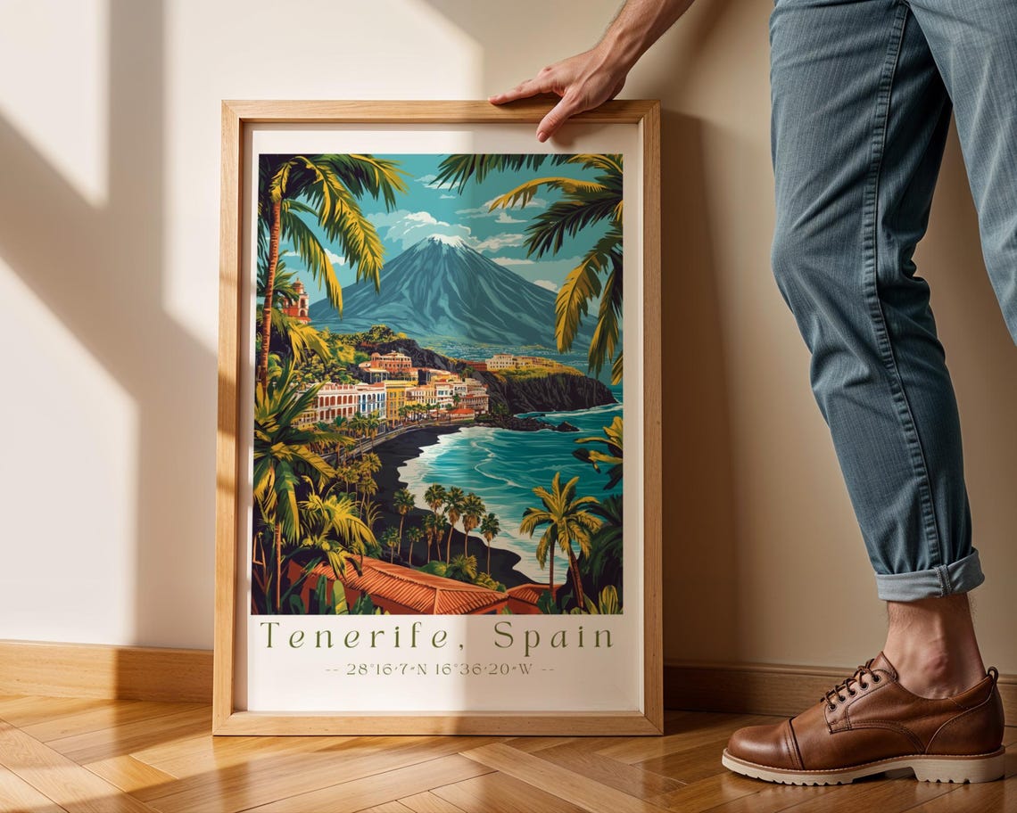 Tenerife Spain Mount Teide Volcano and Coastal Town Travel Poster