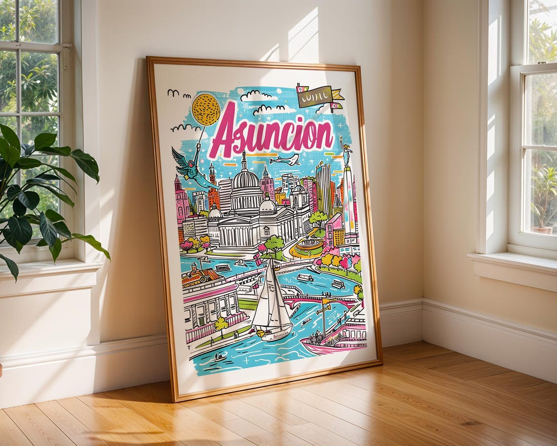 Asuncion Paraguay Colorful Illustrated Riverfront City Poster