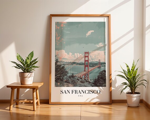 San Francisco Golden Gate Bridge Pastel Retro Travel Poster Art
