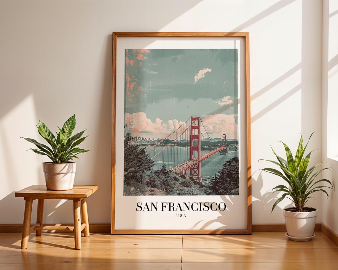 San Francisco Golden Gate Bridge Pastel Retro Travel Poster Art