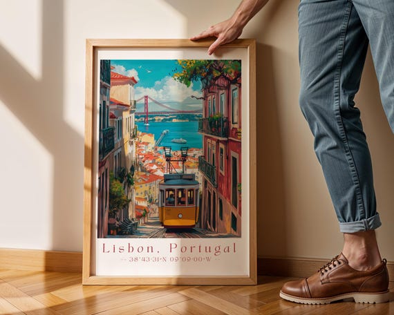 Lisbon Portugal Wall Art Vintage Tram Travel Print European Cityscape Poster Retro Wanderlust Home Decor Coastal Landscape
