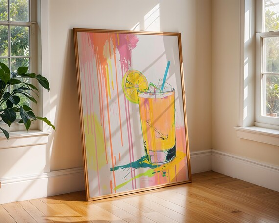 Neon Citrus Cocktail Wall Art Summer Drink Print With Lemon And Ice Bold Pop For Kitchens Bars Vibrant Seasonal Decor Home