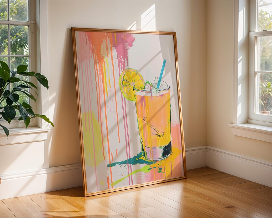 Neon Citrus Cocktail Glass Abstract Drink Pop Art Kitchen Bar Poster