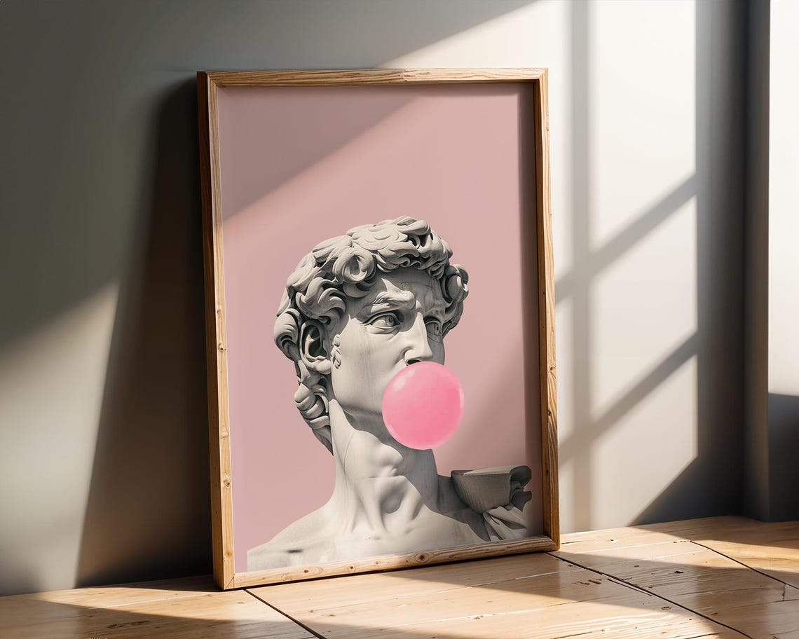 Michelangelos David Statue Blowing Pink Bubblegum Pop Art Poster