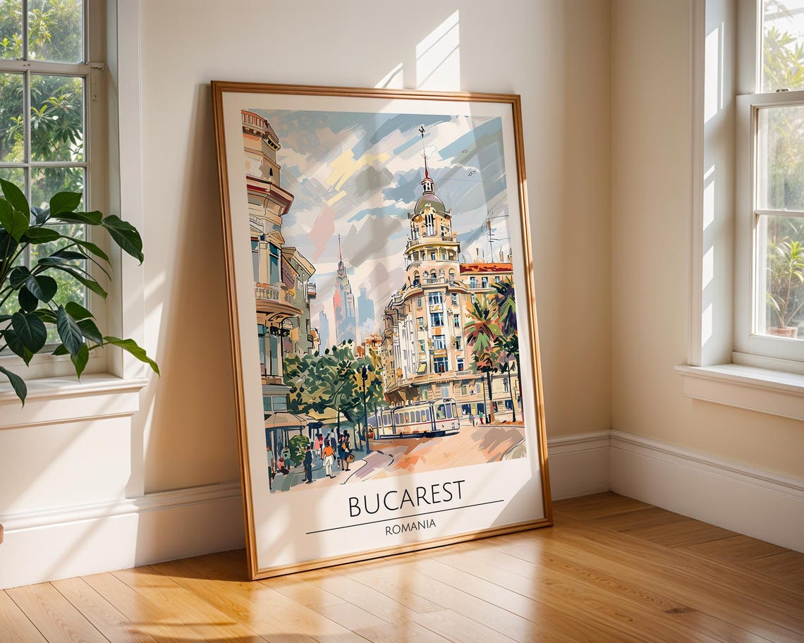 Bucharest Romania Painterly Historic Street Scene Travel Poster
