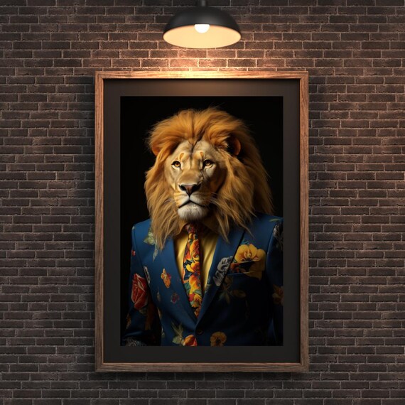 Colourful Lion In Floral Suit Funky Regal Animal Wall Art Whimsical Print Safariinspired Interior Decor