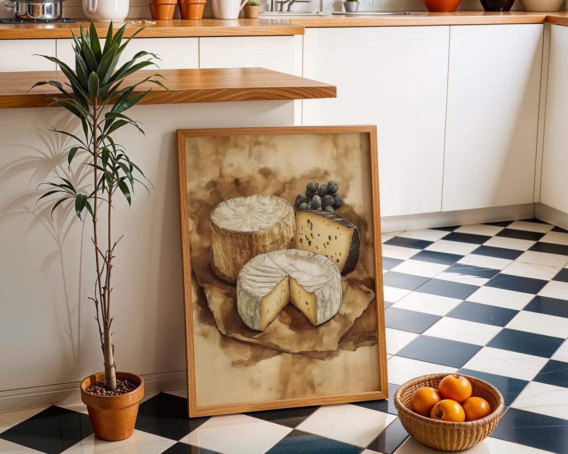 Rustic Cheese Stack Wall Art Vintage Kitchen Print French Fromage Illustration Gourmet Decor Culinary Country Style