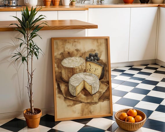 Rustic Cheese Stack Wall Art Vintage Kitchen Print French Fromage Illustration Gourmet Decor Culinary Country Style