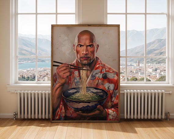 The Rock Ramen Art Print Funny Celebrity Gift Pop Culture Wall Decor Japanese Kimono Noodle Poster Fitness Humour Mashup